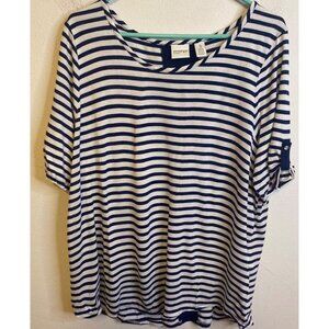 Zenergy By Chico’s SZ 3 Navy Blue White Stripe Modal Tab Short Sleeves Top Shirt